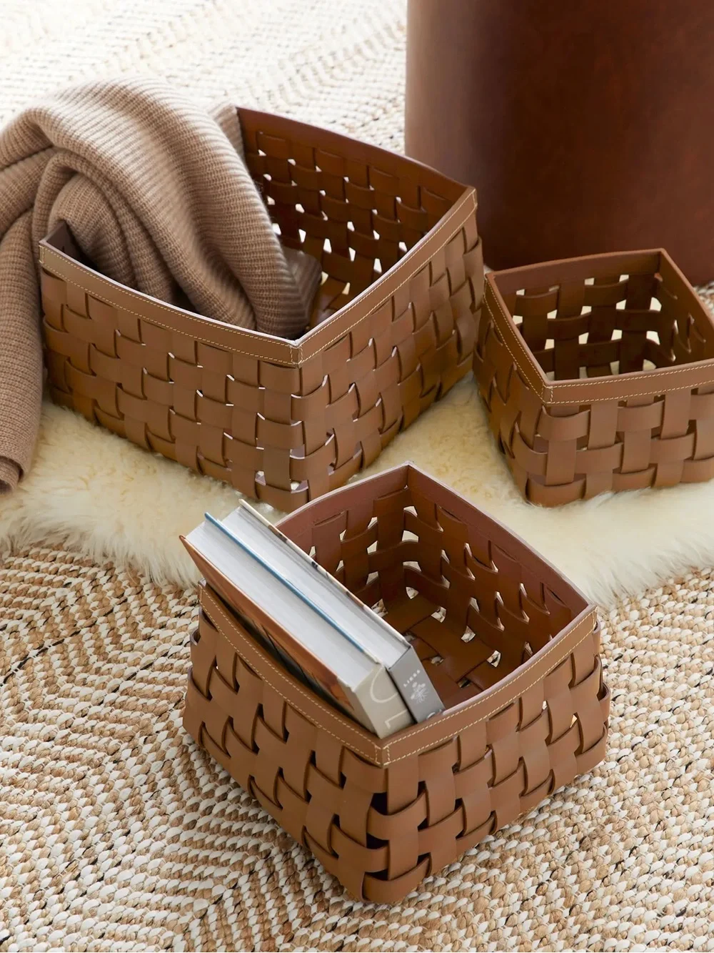 QUINCE Recycled Woven Leather Baskets (set of 3) Cognac